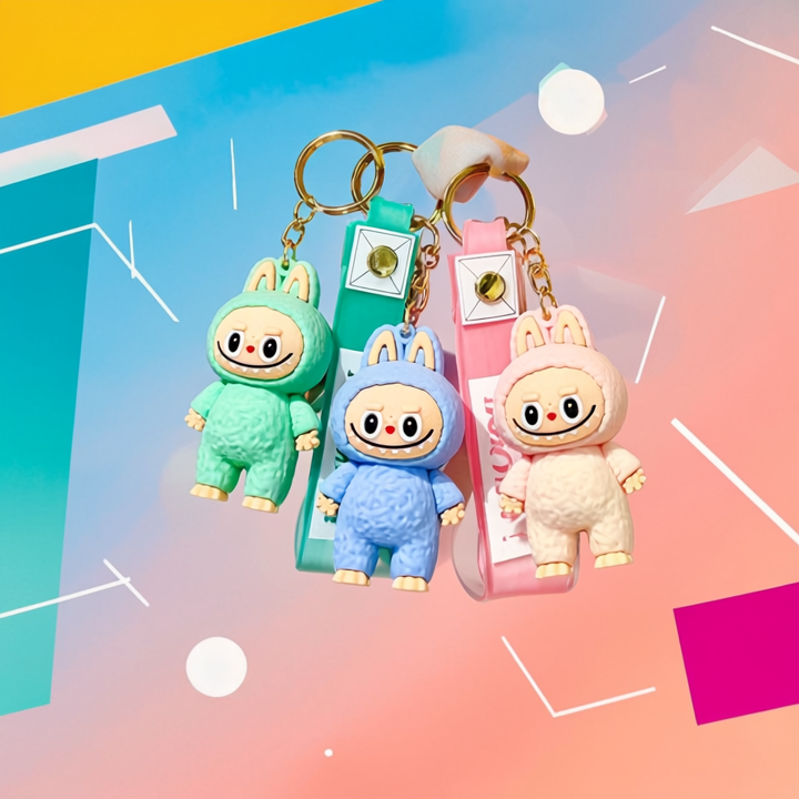 Labubu keychain hanging on backpack zipper POP MART