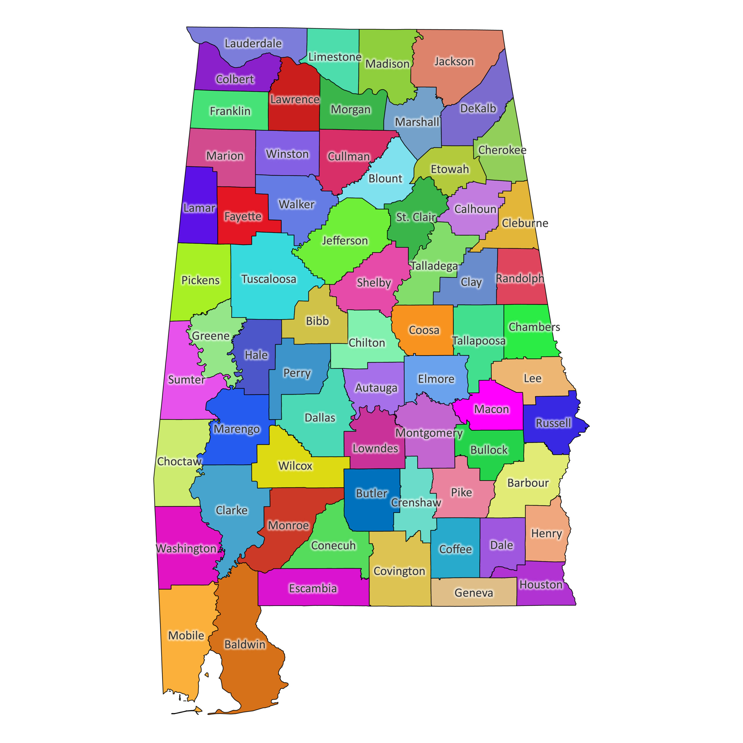 Alabama County Map Printable Alabama Labeled Map Colored Scaled 