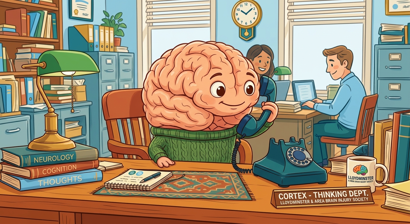 Cortex, the LABIS brain mascot, answering a vintage telephone at an office desk