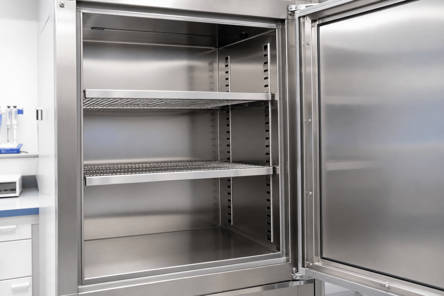 Stainless steel lab cabinet with adjustable shelves, door open