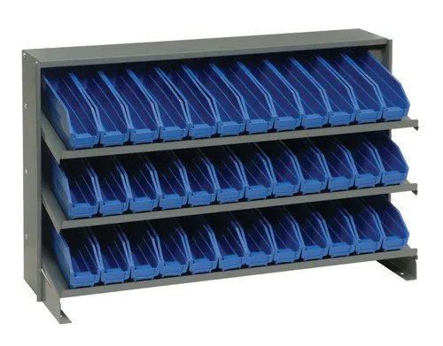 Sloped shelf pick rack loaded with blue shelf bins on three levels