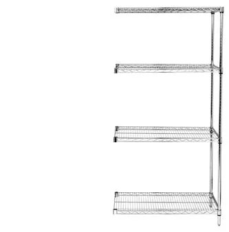 Open four-shelf chrome wire unit sized for a small storage room