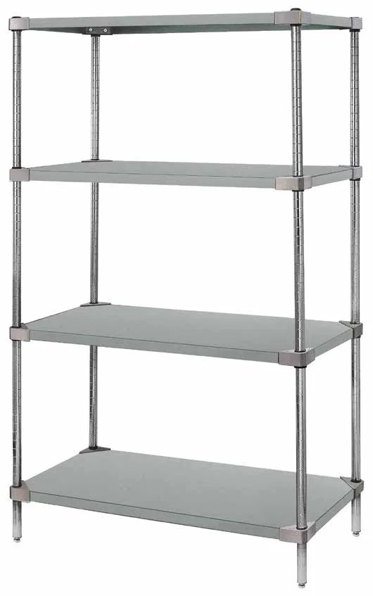 Four-shelf storage unit with solid gray shelves