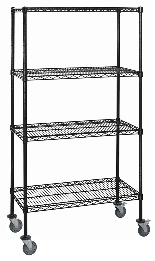 Mobile black epoxy wire shelving unit on casters