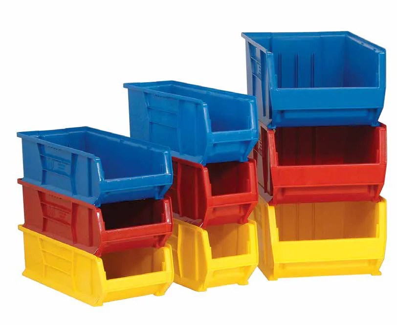 Group of stack and hang bins in red, blue and yellow