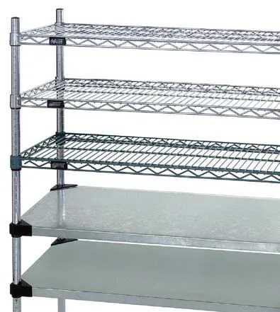 Wire shelving detail with a solid shelf overlay at working height