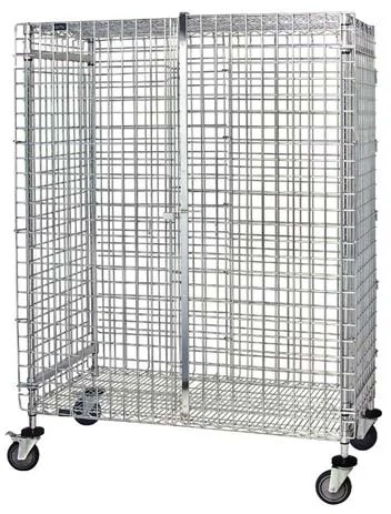 Wire security enclosure cart with a solid base and locking doors