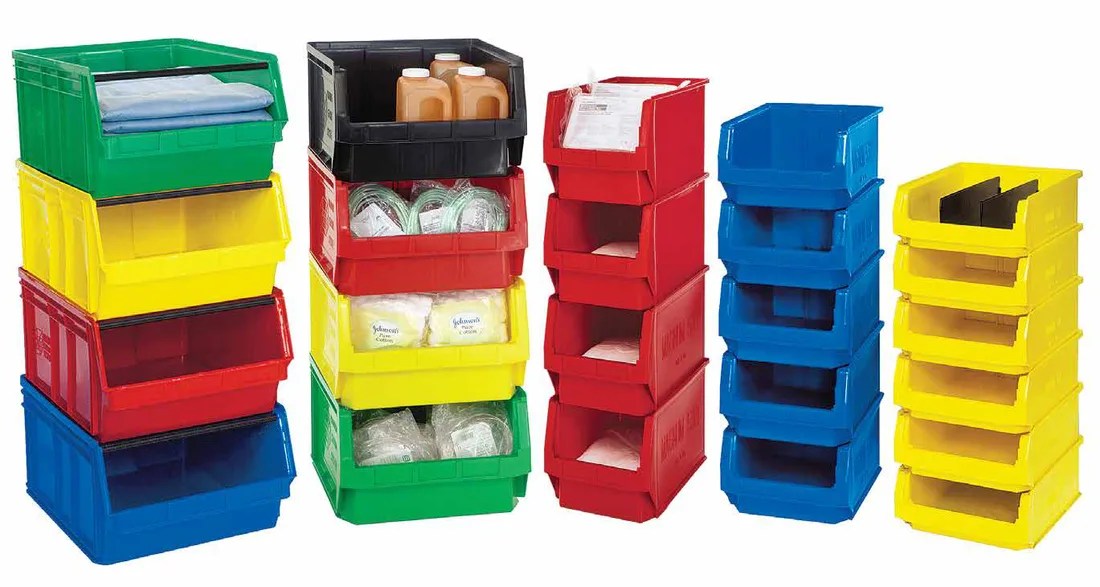 Columns of stacked hanging bins in mixed colours and sizes