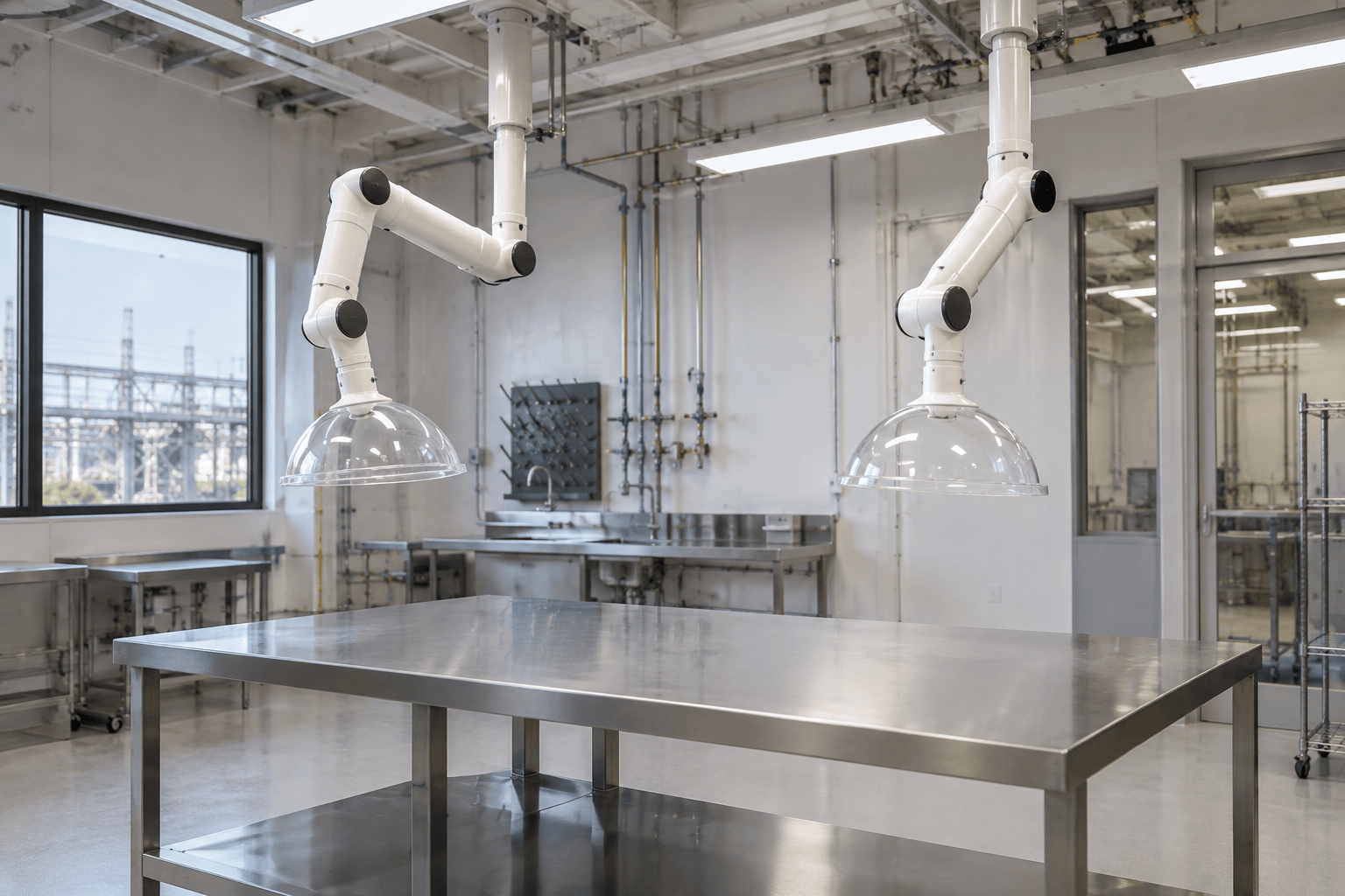 Two ceiling mounted fume extraction arms on telescopic brackets with clear dome hoods over a laboratory bench