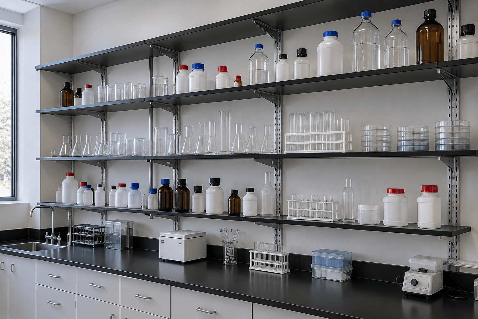 Laboratory wall with rows of black phenolic resin shelves twelve inches deep holding reagent bottles and labware