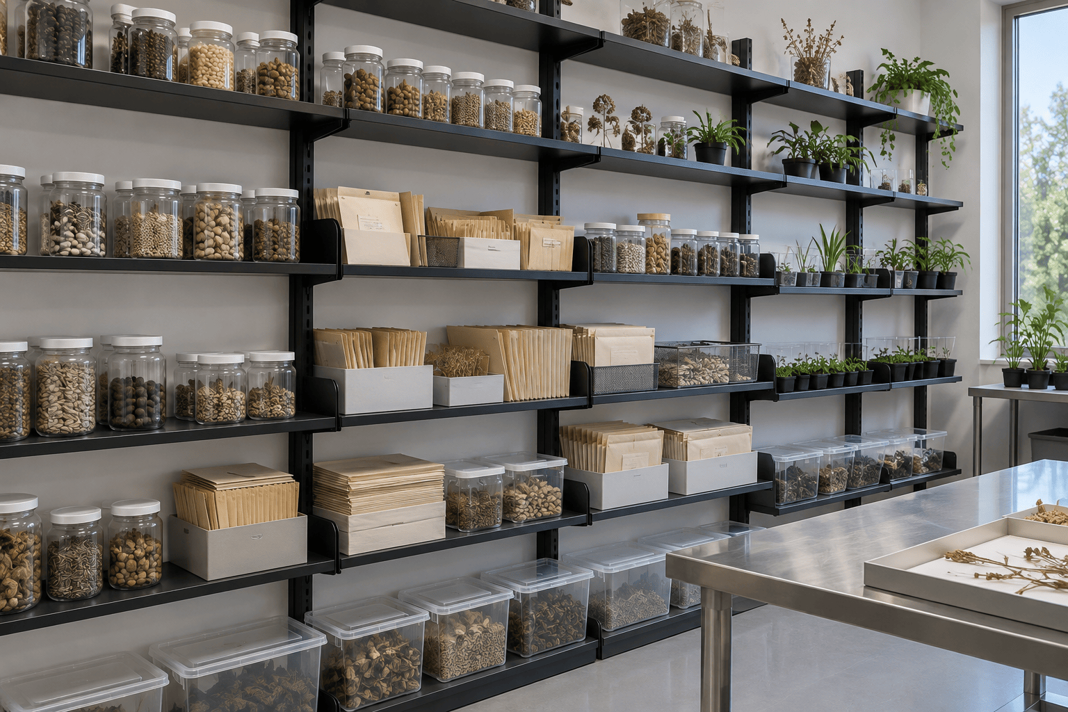 Laboratory wall lined with black phenolic resin shelves on slotted steel uprights holding seed jars and specimen envelopes