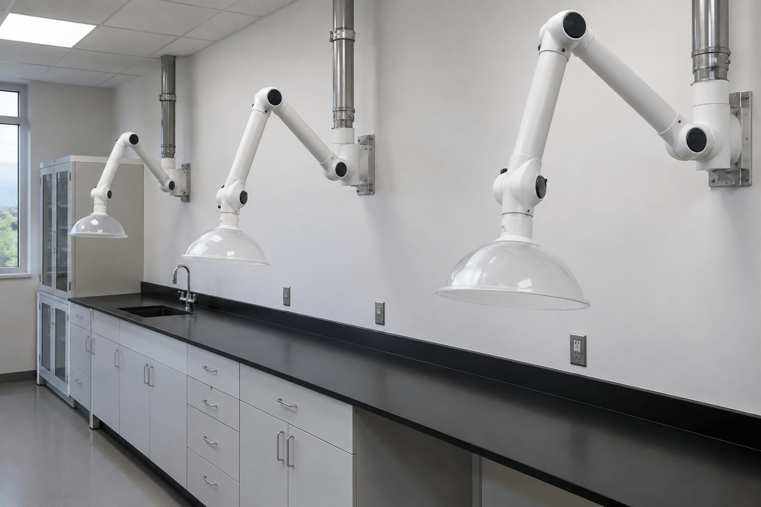 Wall mounted articulated extraction arms with dome hoods installed along a laboratory bench wall