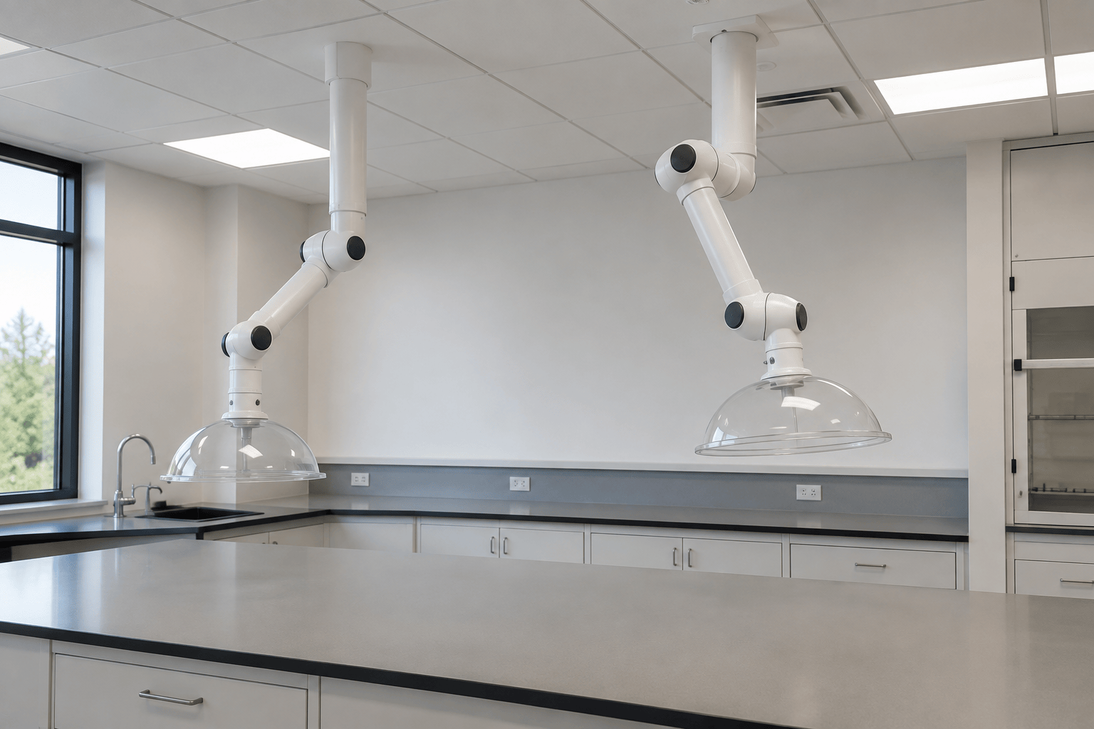 Two ceiling mounted fume extraction arms with clear dome capture hoods over a laboratory bench area