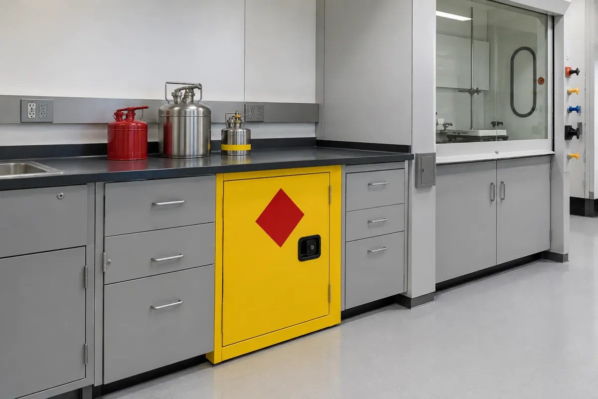Under-counter flammable liquid safety cabinet built into a gray steel laboratory casework run beside a chemical fume hood, with metal safety cans on the counter
