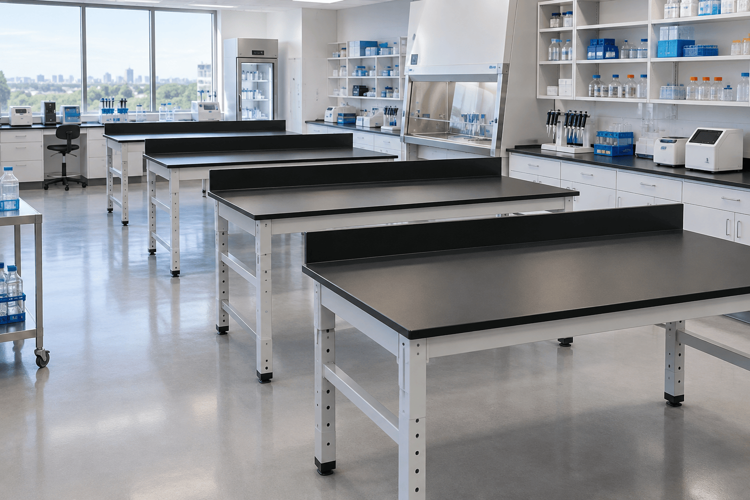 Row of height adjustable laboratory work tables with black phenolic resin tops in a research laboratory