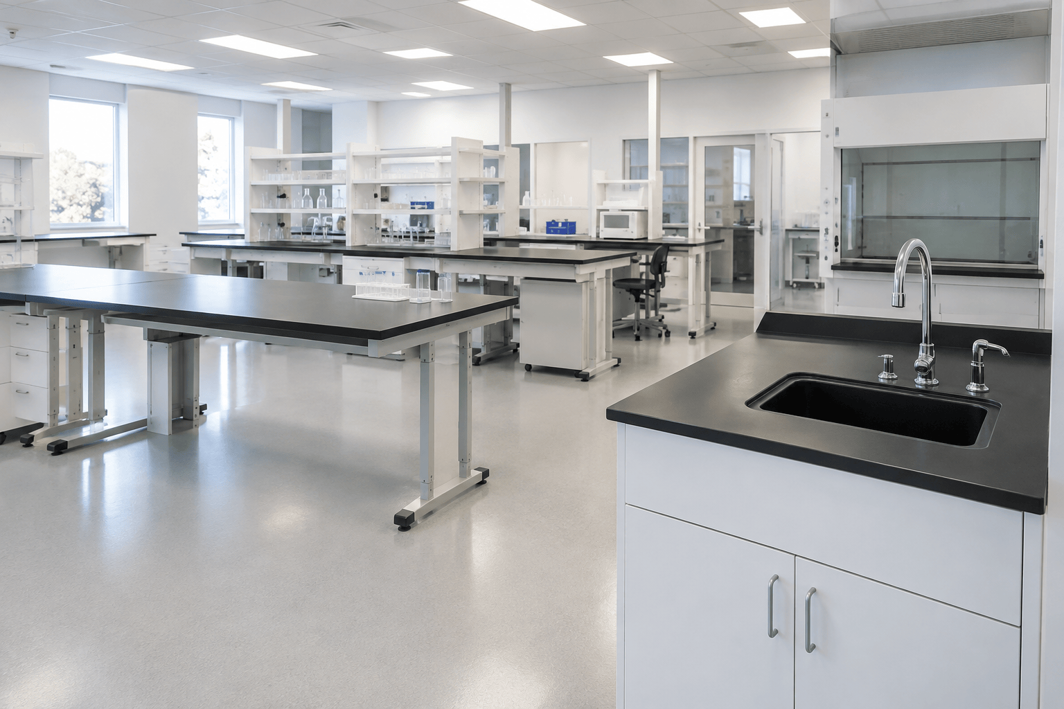 Healthcare laboratory with adjustable height workbenches, black phenolic work surfaces and a sink base with epoxy resin sink