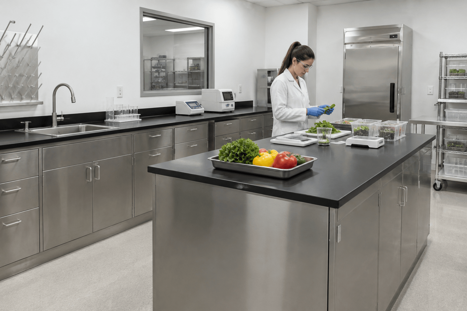 Food quality control laboratory with stainless and laminate casework, epoxy resin work surfaces and a sink station