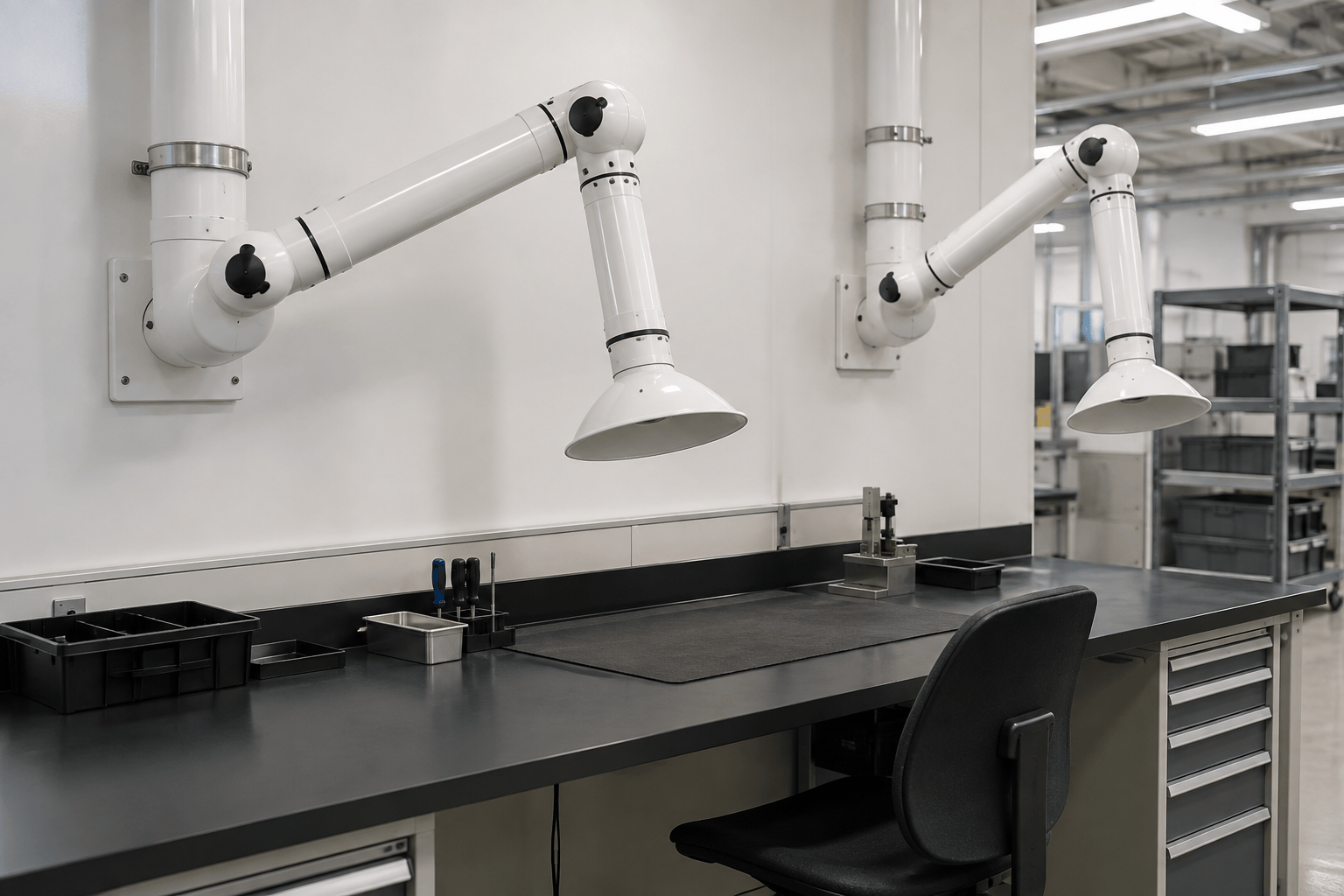 Two wall mounted fume extraction arms with round metal capture hoods over an industrial workbench