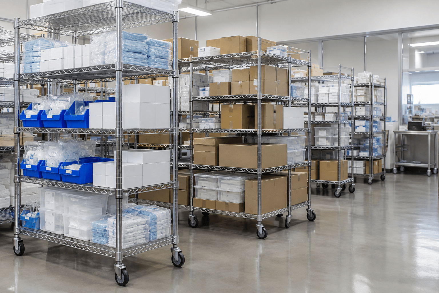 Chrome wire shelving units on casters loaded with cartons and bins in a clean medical products stockroom