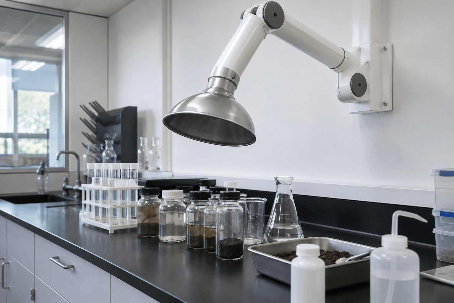 Wall mounted articulated extraction arm with a round capture hood over open sample vessels on a laboratory bench