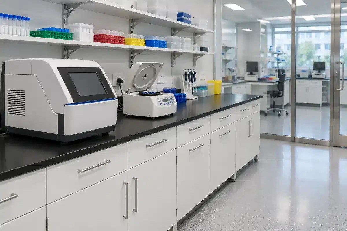 Molecular diagnostics lab with white steel base cabinets, black phenolic countertops, a PCR thermocycler and a benchtop centrifuge