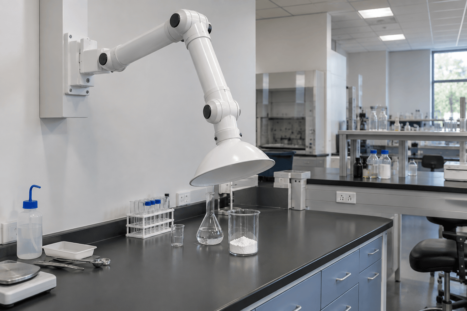 Wall mounted articulated chemical extraction arm with a white aluminum capture hood over a laboratory bench