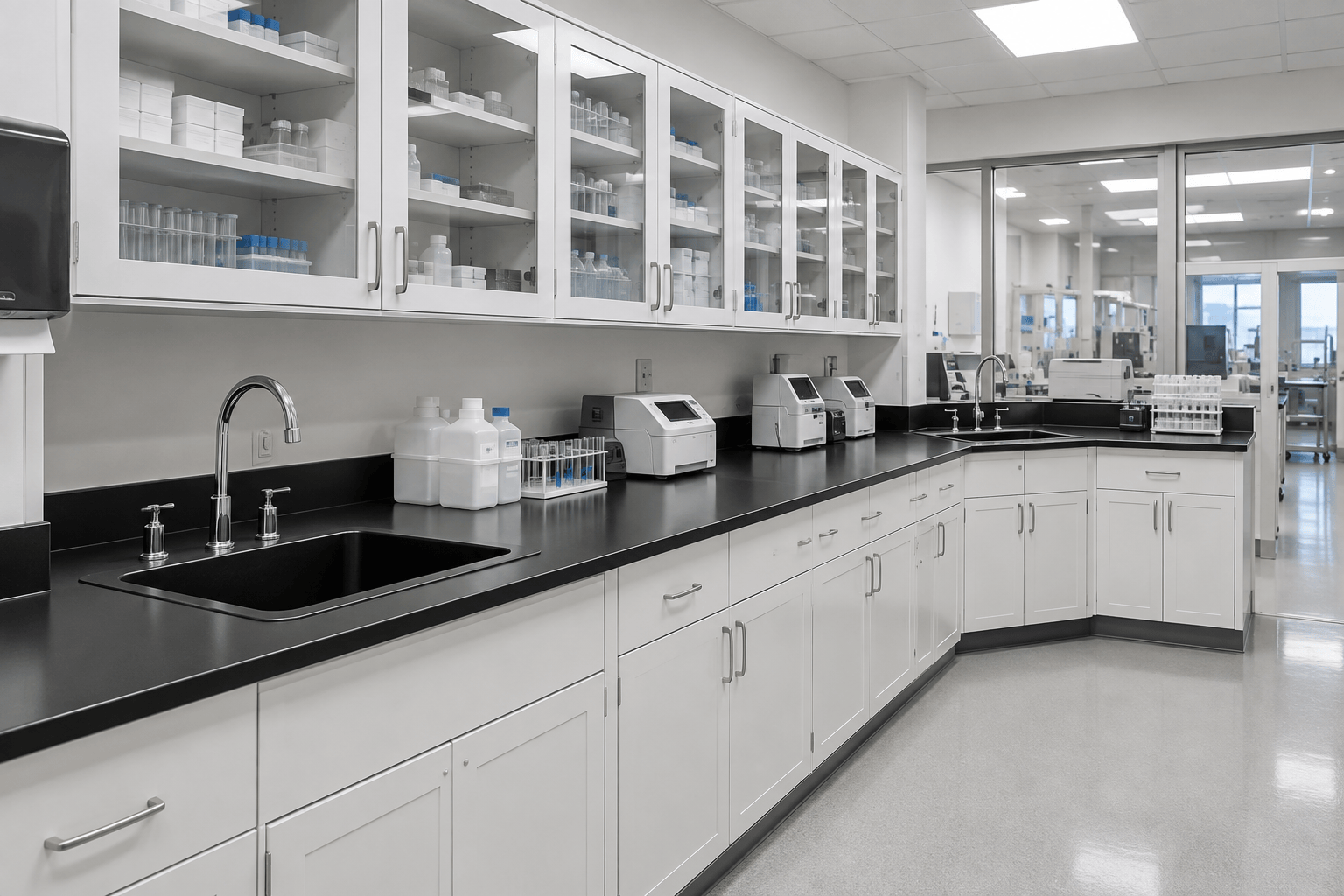 Hospital emergency department clinical laboratory with white steel casework, black phenolic countertops and glass door wall cabinets