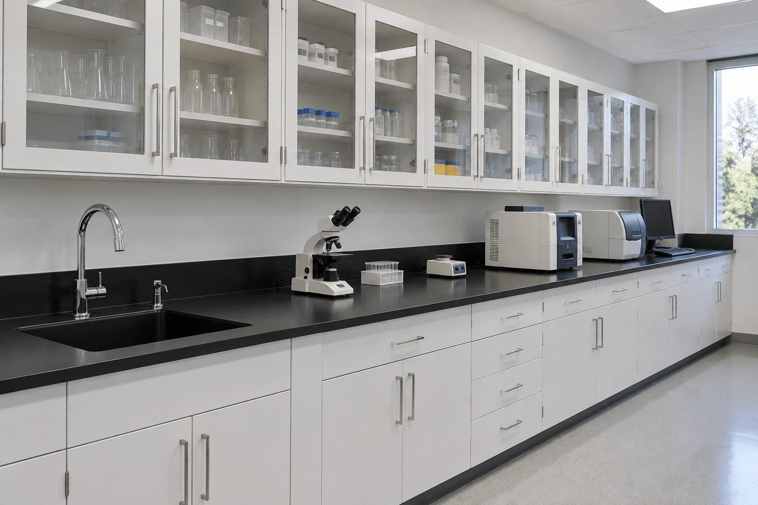 Laboratory with white steel base cabinets, black phenolic resin countertops and framed glass door wall cabinets
