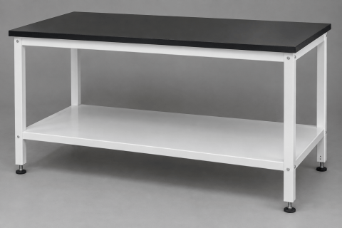 Forty eight inch wide painted steel laboratory table on leveling glides with a lower shelf