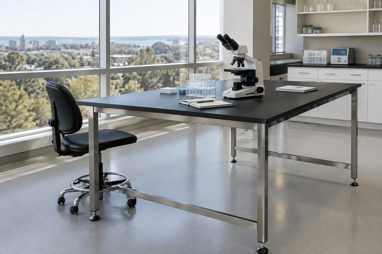 Adjustable height laboratory table with a chemical resistant work surface in a university research laboratory