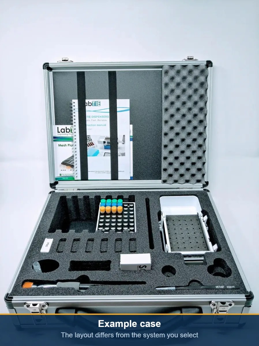 Open LabTIE transport case with the dispenser, mesh plate, converter, scrapers and manual in cut foam