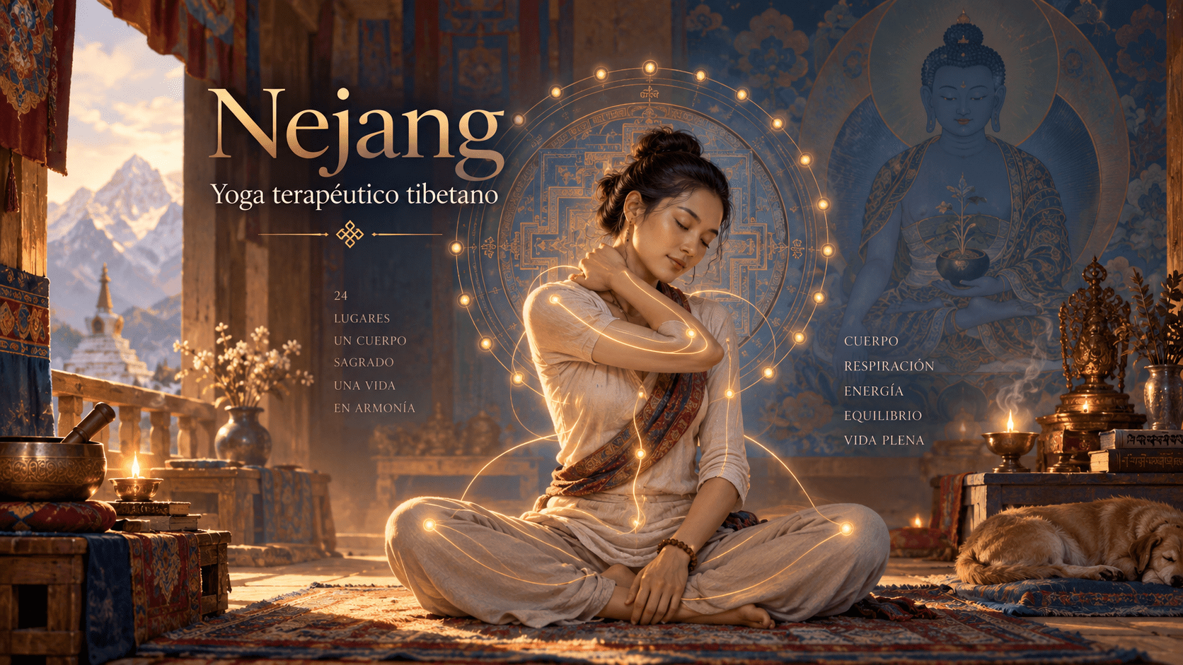Mujer practicando yoga tibetano en un ambiente sereno con elementos culturales tibetanos. Fondo montañoso y objetos simbólicos alrededor.