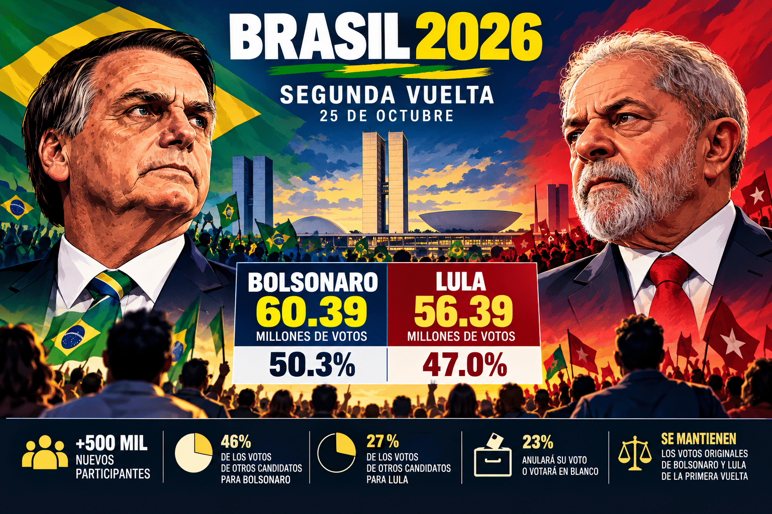 Ganará Bolsonaro con 60 millones de votos y el 50.3%