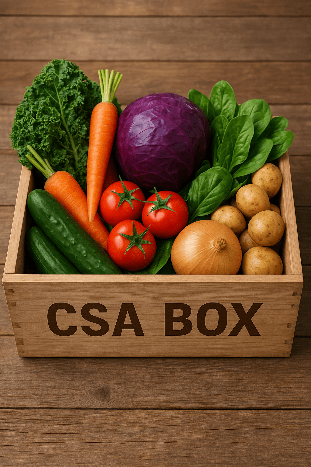 A rustic wooden CSA box filled with fresh seasonal vegetables, including carrots, leafy greens, cabbage, and potatoes, symbolizing La Codorniz Ranch’s farm-to-table community food program.