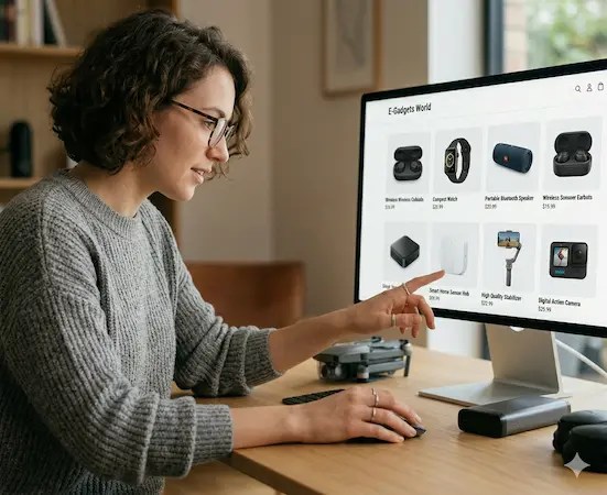 Muestra persona seleccionando gadgets en una pantalla