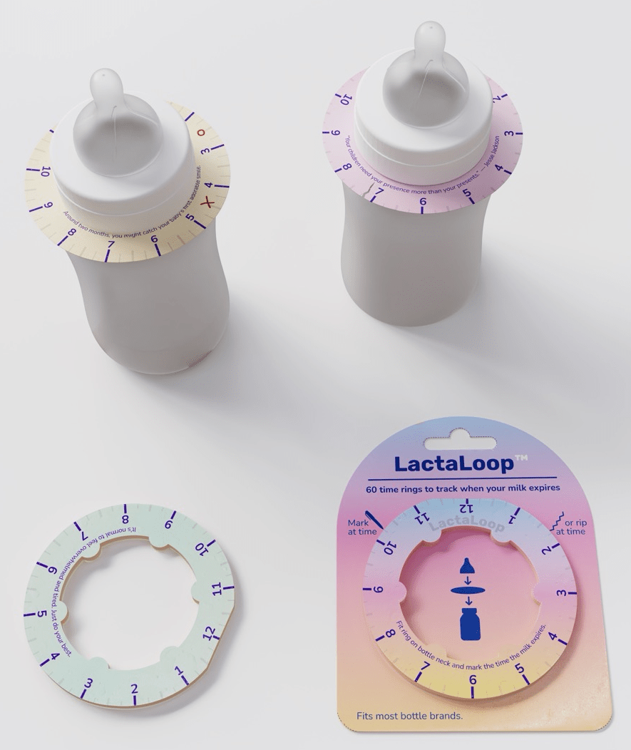 Flatlay showing LactaLoop pack, rings and bottles