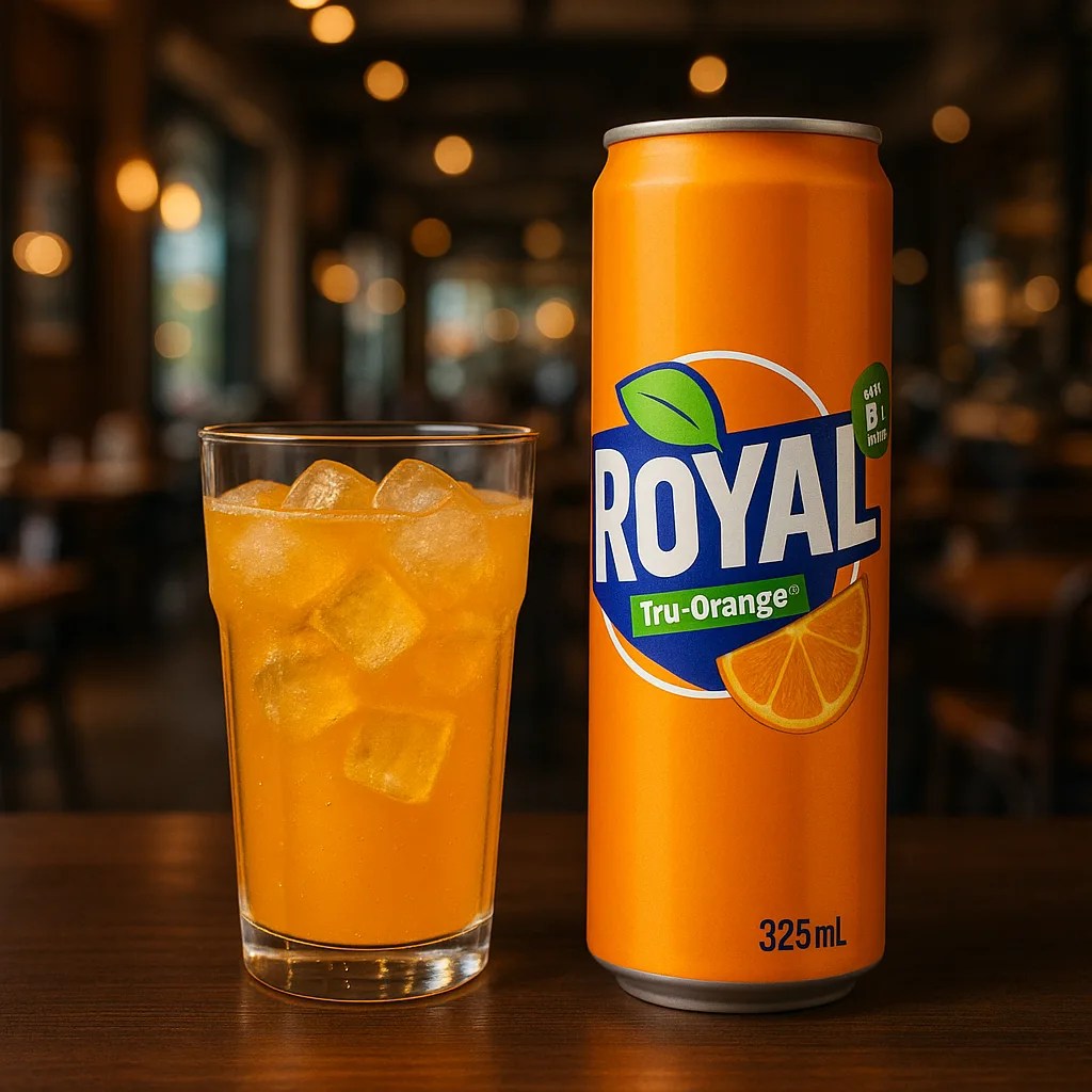 Can and glass of Royal orange soda chilled and ready to enjoy
