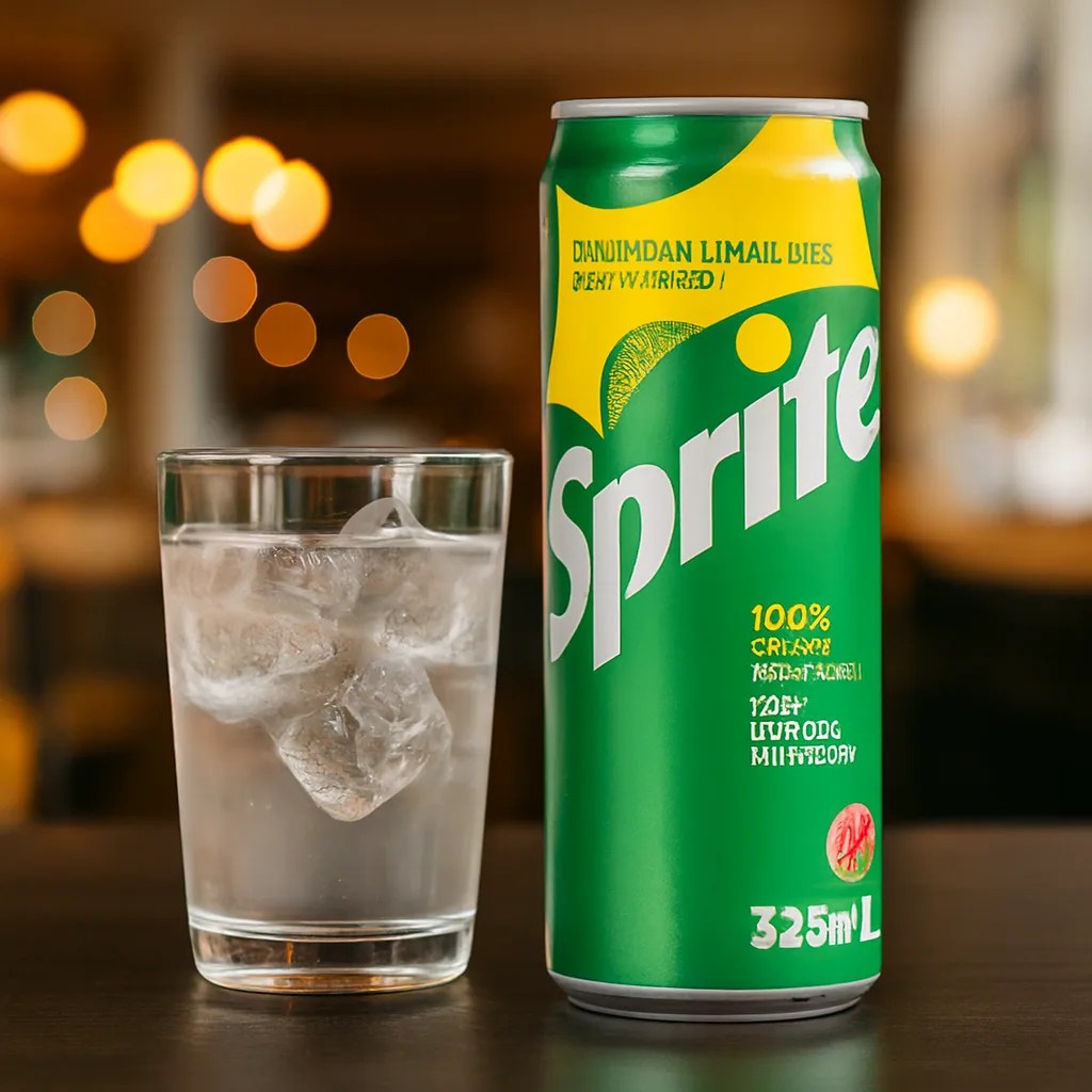 Chilled can and glass of Sprite lemon-lime soda