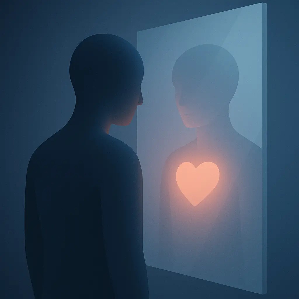 Visuel 3D : silhouette regardant un miroir qui renvoie une lumière douce, symbole d’auto-validation