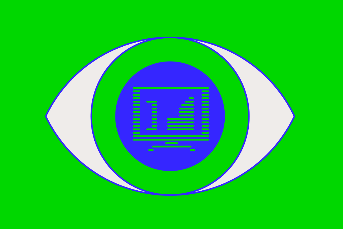 Animação da identidade da Magnético: um olho com um ecrã na pupila, em azul sobre verde