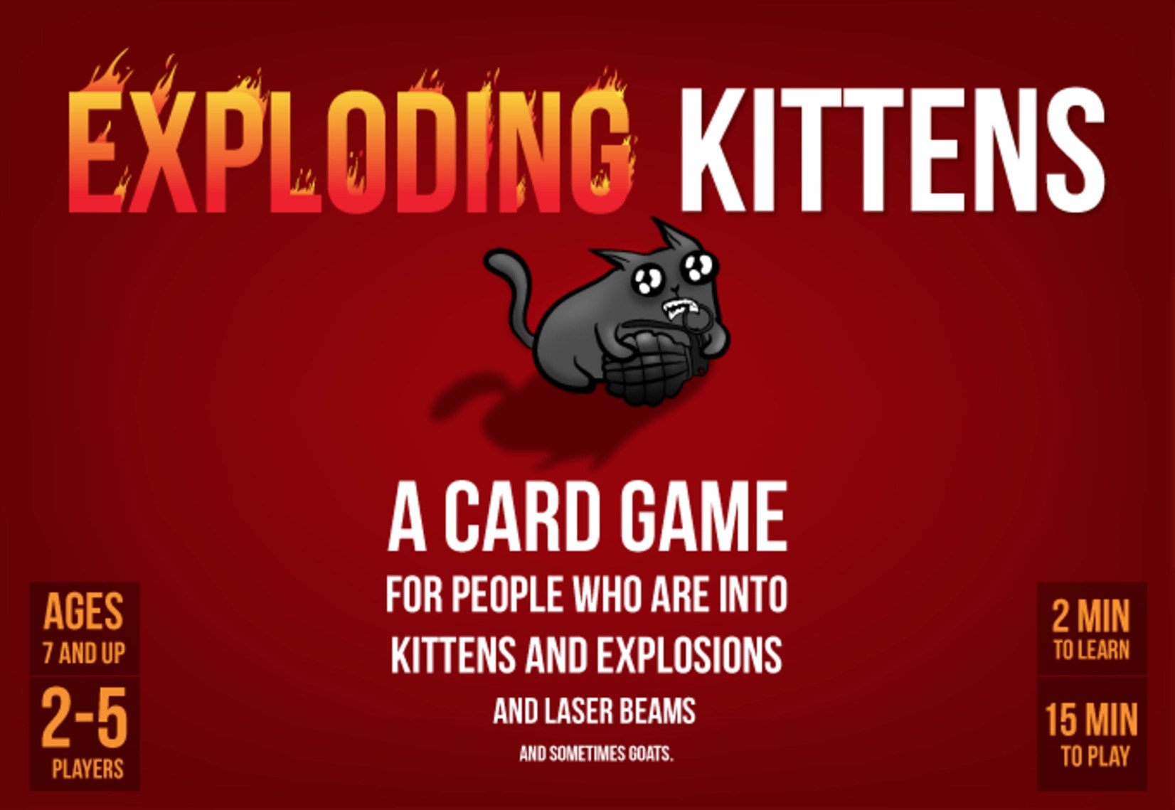 Cover art for the exploding kittens card game, featuring the text of the game and a cartoon cat.