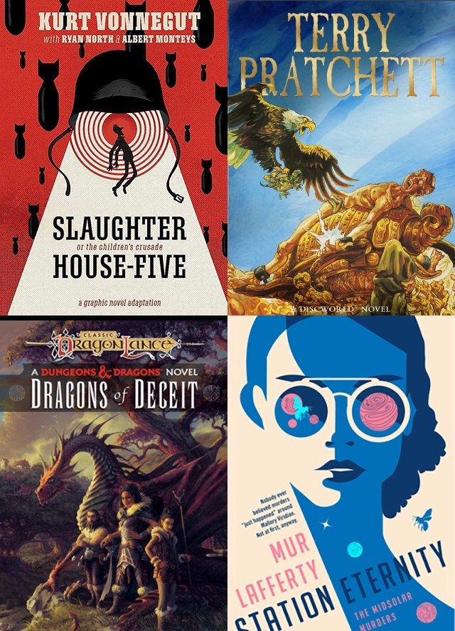 Cover art for Slaughterhouse V, Small Gods, Dragons of Deceit, and Station Eternity. Part of the Summer Reading Lists 2023