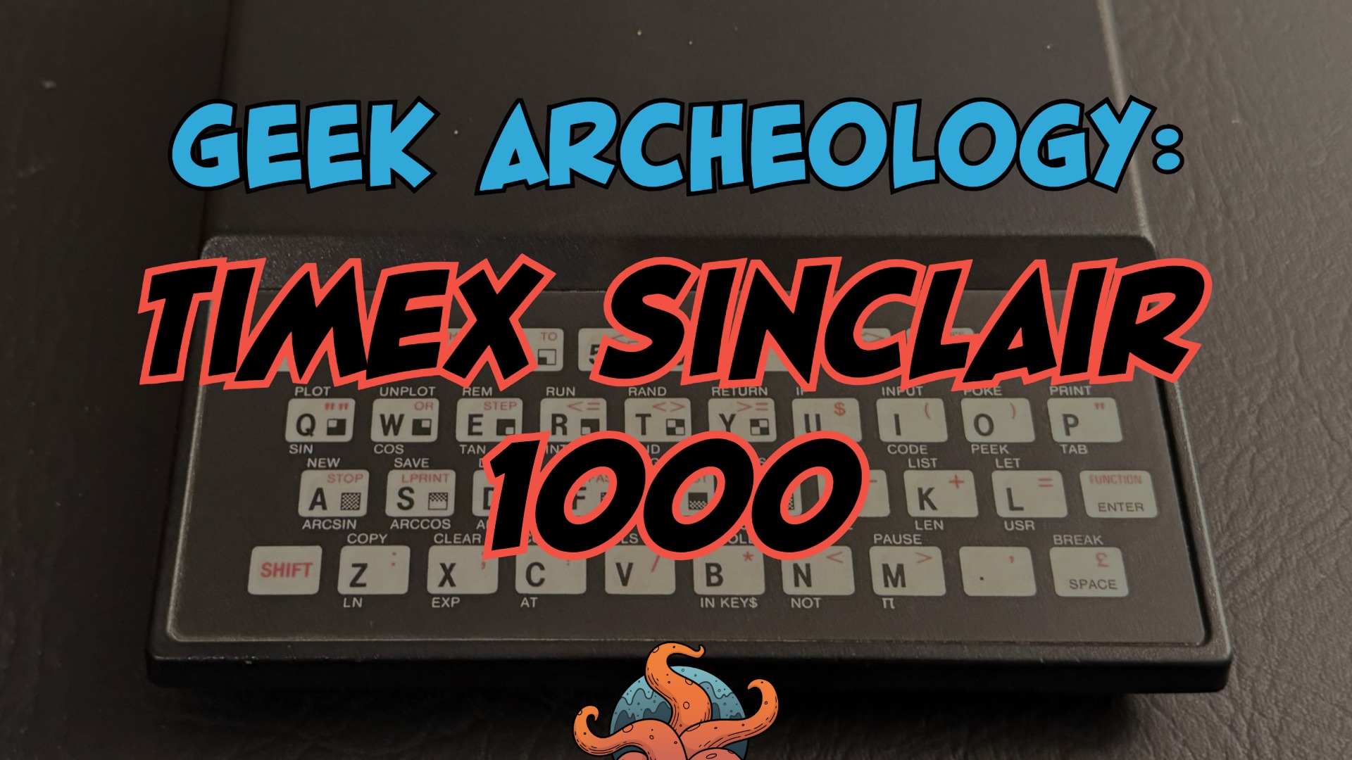 A Timex Sinclair Computer, which is a small, black device with a condensed keyboard. The text Timex Sinclair Computer appears over the image.