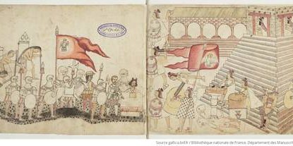 El Códice Azcatitlán narra la migración de las tribus mexicas a Tenochtitlán y cada episodio ocupa una doble página. En la imagen izquierda aparecen Hernán Cortés y La Malinche. Foto tomada de la página de la BNF