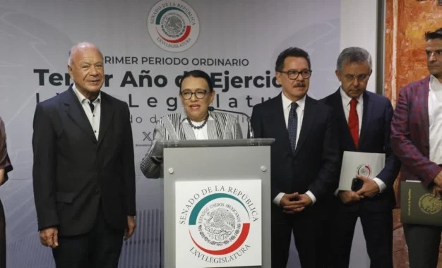 segob Conferencia de prensa de la secretaria de Gobernación, Rosa Icela Rodríguez, al finalizar su comparecencia ante el Senado de la República, en la Ciudad de México, el 5 de octubre de 2026. Foto: Jorge Ángel Pablo García