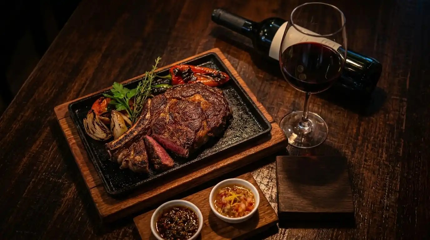 Ojo de bife a la parrilla maridado con copa de Malbec