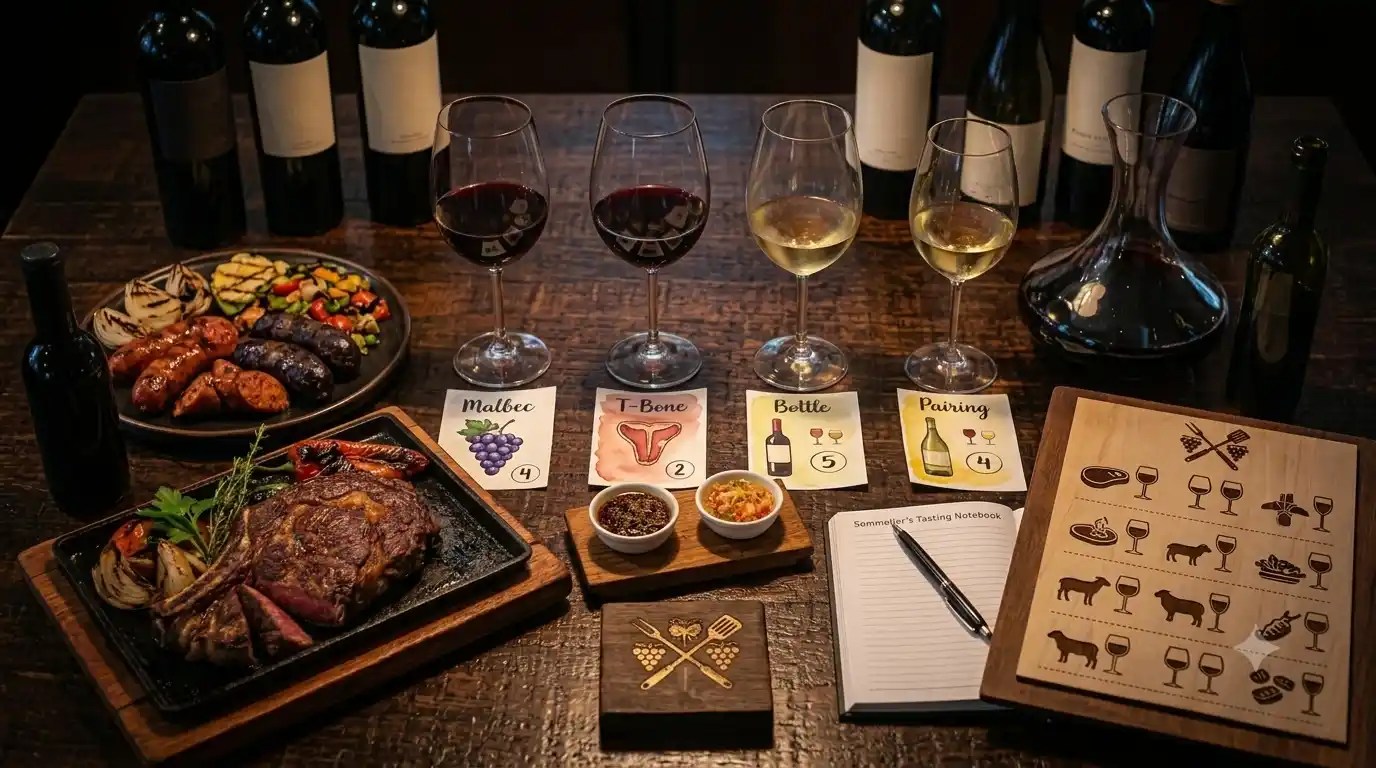 Mesa de maridaje de vinos con carnes a la parrilla y copas de tinto y blanco