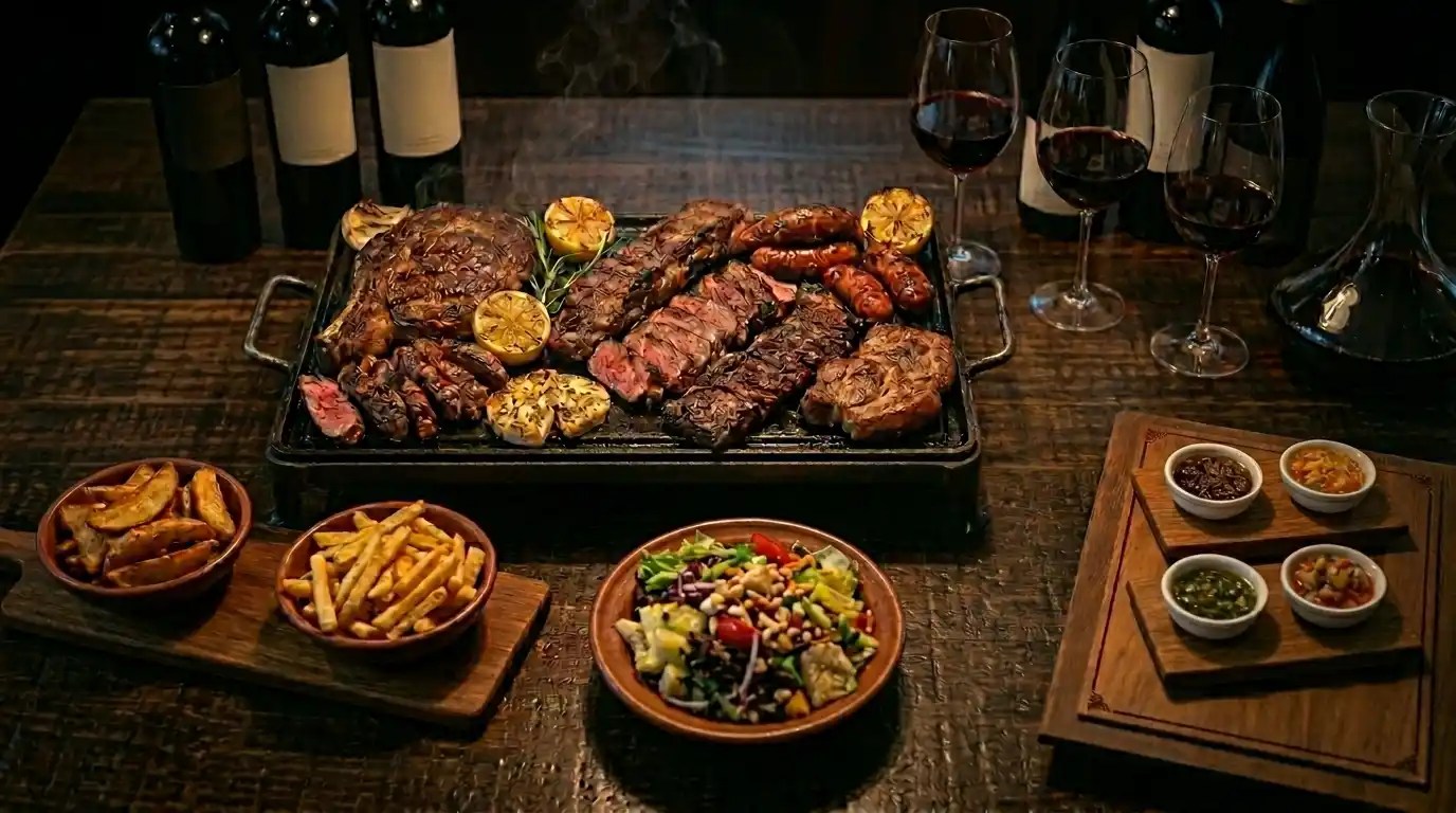 Tabla de parrilla con cortes variados, papas fritas y ensalada