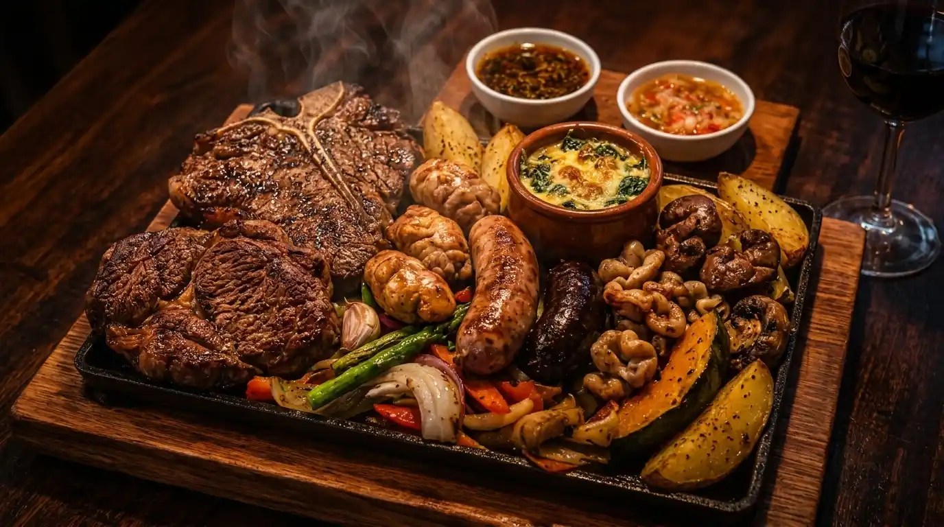 Parrillada de invierno con achuras, cazuela de espinaca y vegetales asados
