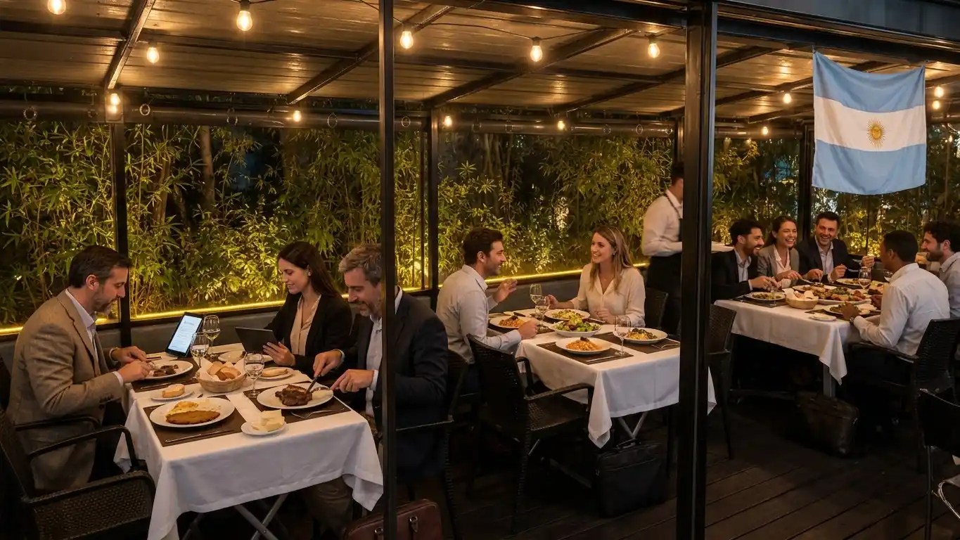 Almuerzo ejecutivo en el deck de La Juncal con bandera argentina de fondo